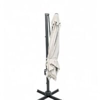 outdoor cantilever umbrella with cross base, closed and tied, in white color as a option, rotatable and tiltable.