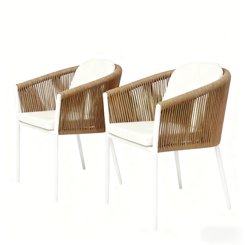 Outdoor dining chairs set of 2, powder-coated aluminium frame, olefin rope and water-resistant fabric.