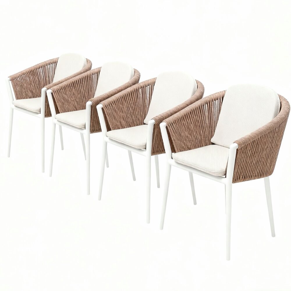 Outdoor dining chair set of 4, powder-coated aluminium frame, olefin rope and water-resistant fabric.