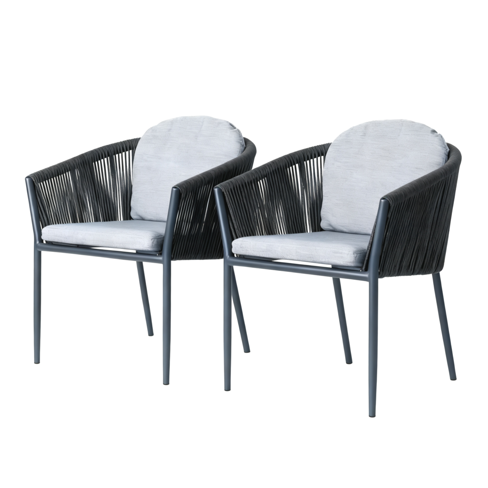 Outdoor dining chairs set of 2, powder-coated aluminium frame, olefin rope and water-resistant fabric.