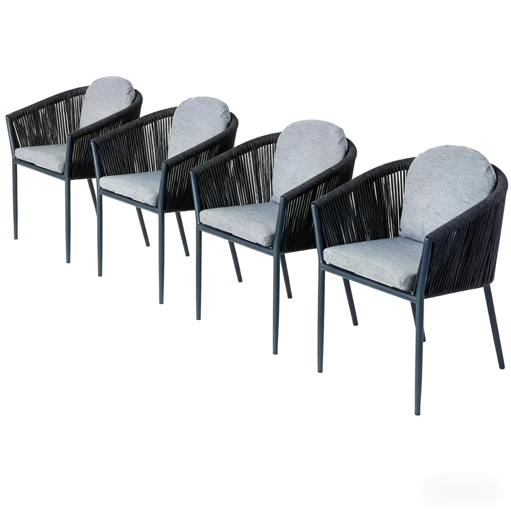 Outdoor dining chairs set of 4, powder-coated aluminium frame, olefin rope and water-resistant fabric.